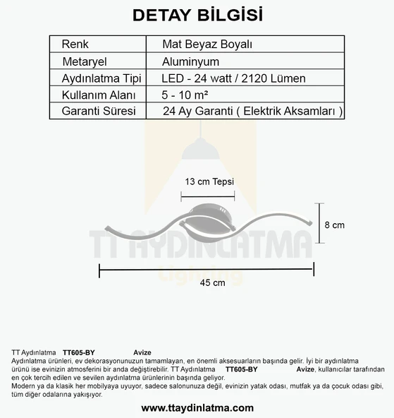 TT605-BY Martı Model Çocuk-Antre-Küçük Oda Mat Beyaz Led Avize - 4