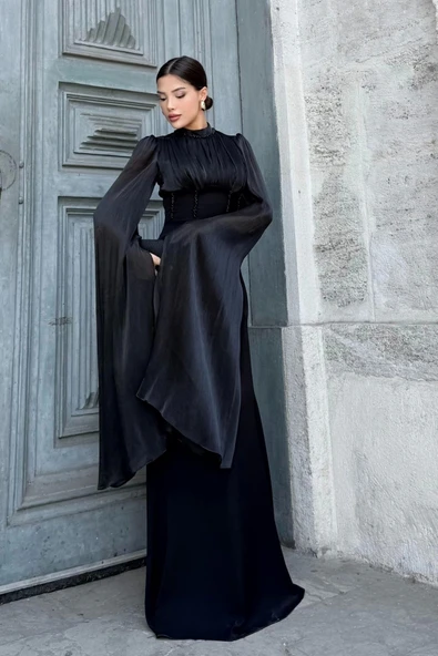 Bel Boncuk İşleme Detaylı Beden Ayarlı Abiye Elbise 2325-Siyah - Resim 3