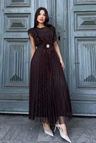 Straplez Yaka Omuz Fırfır Detaylı Kemerli Abiye Elbise 2282-Kahverengi ürün görseli