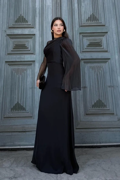 File Detaylı Abiye Elbise 2337-Siyah - Resim 4