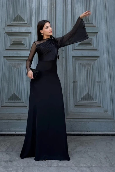 File Detaylı Abiye Elbise 2337-Siyah - Resim 2