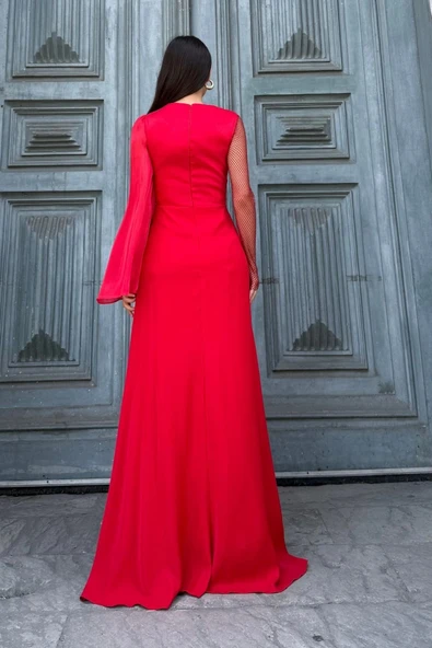 File Detaylı Abiye Elbise 2337-Kırmızı - Resim 6