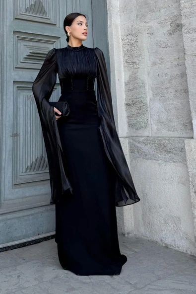 Bel Boncuk İşleme Detaylı Beden Ayarlı Abiye Elbise 2325-Siyah - Resim 5