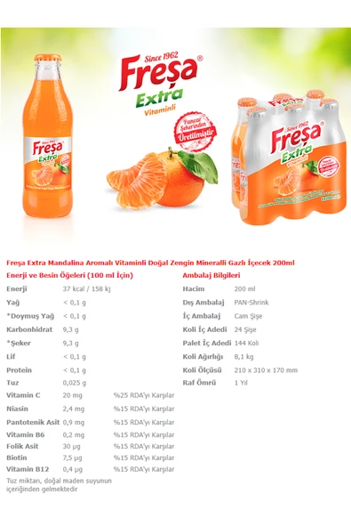 Freşa Extra Mandalina Aromalı Gazlı İçecek 200ml x 6 Adet - 2