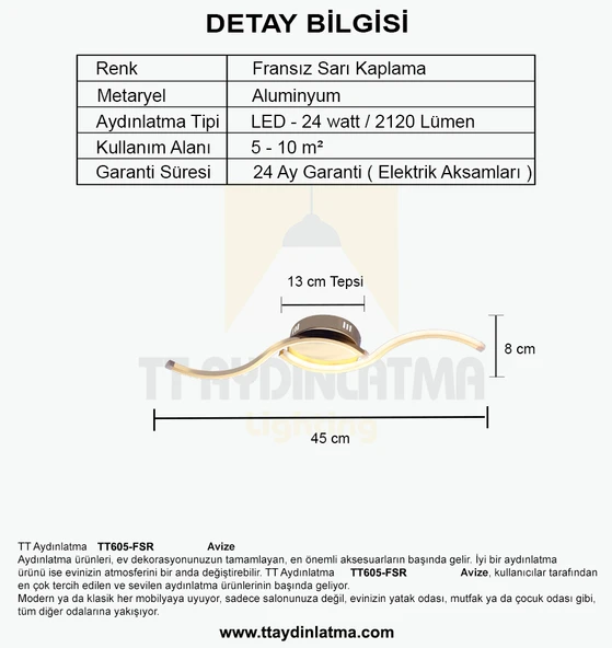 TT605-FSR Martı Model Çocuk-Antre-Küçük Oda Fransız Sarı Kaplama Led Avize - Resim 4