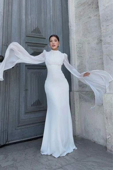 Bel Boncuk İşleme Detaylı Beden Ayarlı Abiye Elbise 2325-Beyaz - Resim 2