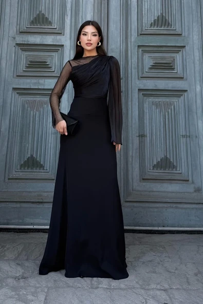 File Detaylı Abiye Elbise 2337-Siyah ürün görseli