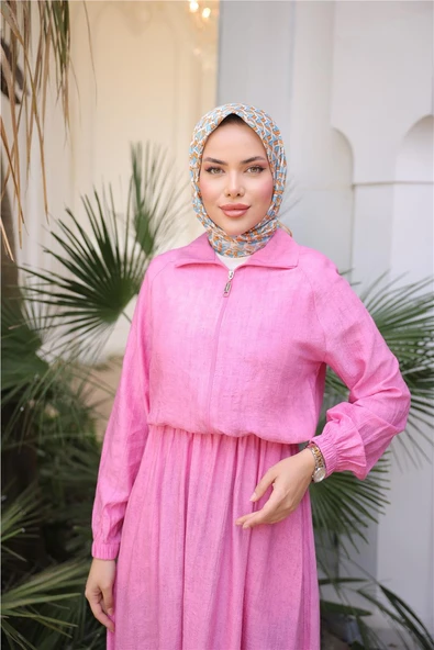 Fermuarlı Gömlek Yaka Kısa Rahat Kap - Cepli Etek Takımı - (38-46) - 71288 - Fuşya - Resim 5