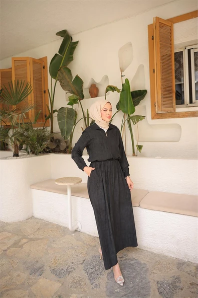 Fermuarlı Gömlek Yaka Kısa Rahat Kap - Cepli Etek Takımı - (38-46) - 71288 - Siyah - Resim 2