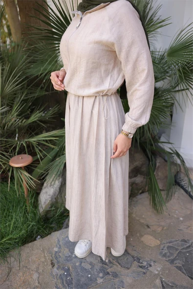 Fermuarlı Gömlek Yaka Kısa Rahat Kap - Cepli Etek Takımı - (38-46) - 71288 - Bej - Resim 7