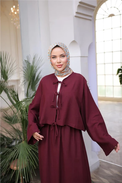 Bağcık Düğmeli Kıs aRahat Kesim Tunik - Cepli Etek Takımı - (38-46) - 71285 - Bordo - Resim 5