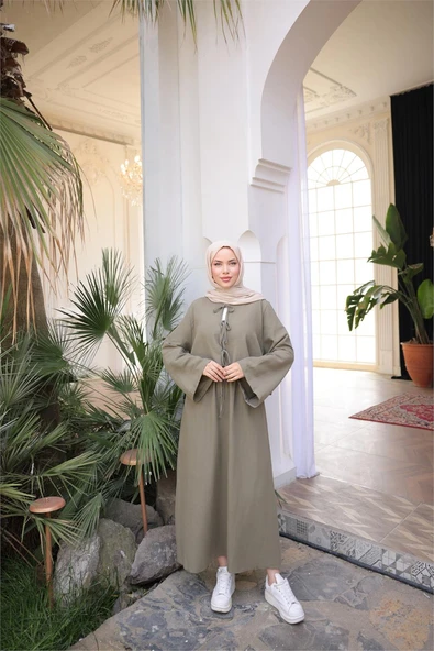 Bağcık Düğmeli Kıs aRahat Kesim Tunik - Cepli Etek Takımı - (38-46) - 71285 - Haki - Resim 3