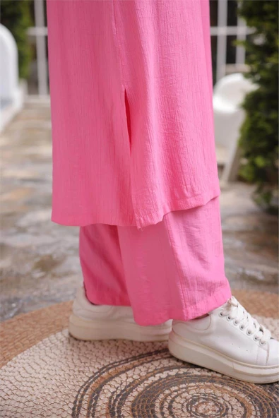 Düğmeli Yırtmaçlı Büzgü Kollu Uzun Tunik İkili Tesettür Eşofman Takımı - (38-46) - 71279 - Fuşya - Resim 8