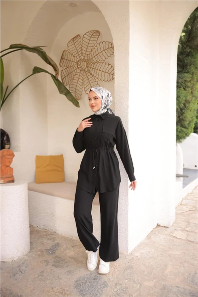 Belden Bağcıklı Tek Cepli Gömlek İkili Tesettür Eşofman Takımı - (38-46) - 71283 - Siyah - Resim 4