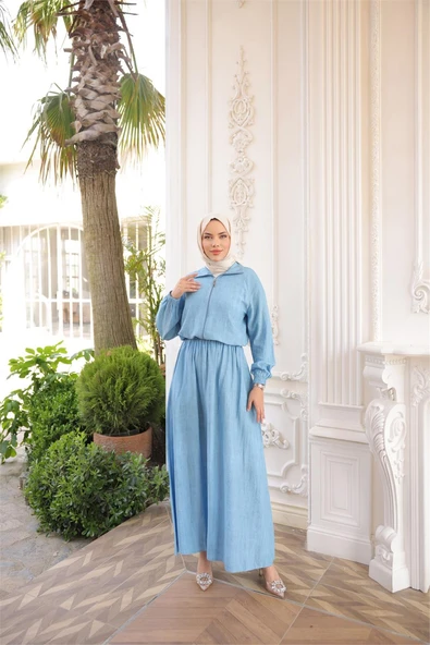 Fermuarlı Gömlek Yaka Kısa Rahat Kap - Cepli Etek Takımı - (38-46) - 71288 - İndigo - Resim 2