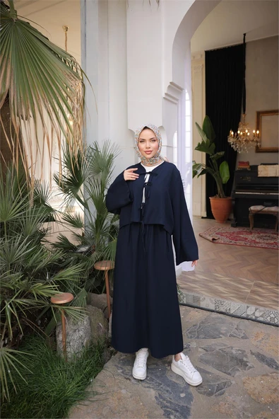 Bağcık Düğmeli Kıs aRahat Kesim Tunik - Cepli Etek Takımı - (38-46) - 71285 - Lacivert ürün görseli