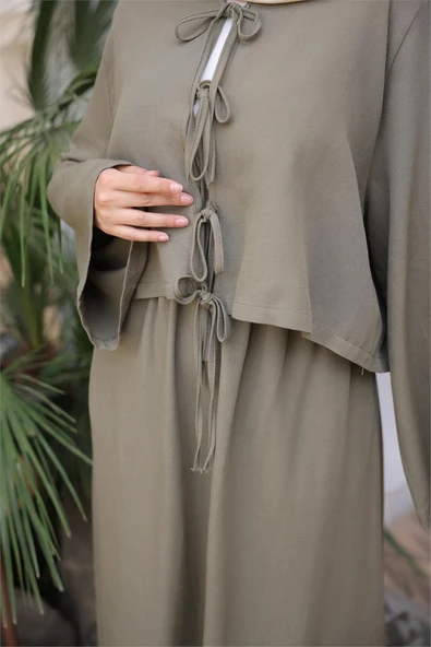 Bağcık Düğmeli Kıs aRahat Kesim Tunik - Cepli Etek Takımı - (38-46) - 71285 - Vizon - Resim 8