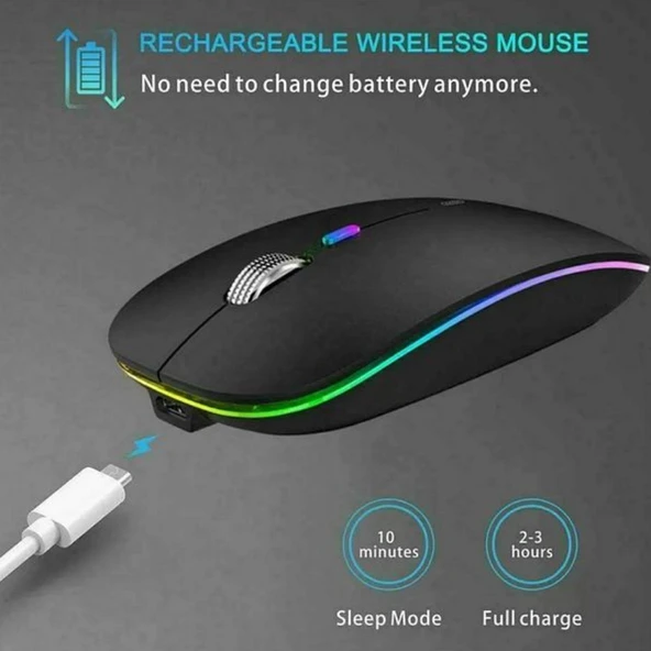 KABLOSUZ BLUETOOTH RGB LED'li SESSİZ MOUSE (FARE), ŞARJ EDİLEBİLİR, ERGONOMİK TASARIM - 3