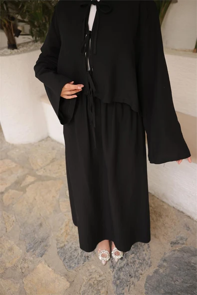 Bağcık Düğmeli Kıs aRahat Kesim Tunik - Cepli Etek Takımı - (38-46) - 71285 - Siyah - Resim 7