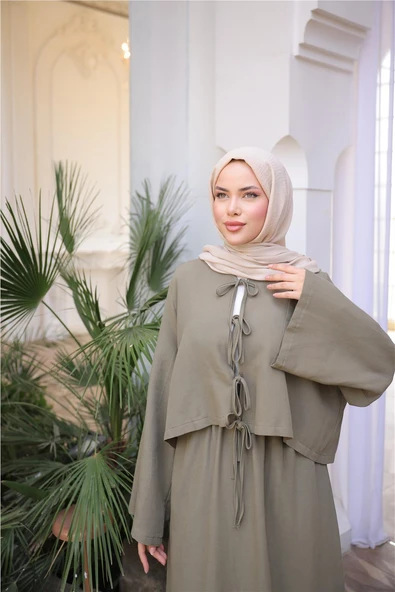 Bağcık Düğmeli Kıs aRahat Kesim Tunik - Cepli Etek Takımı - (38-46) - 71285 - Haki - Resim 4