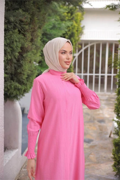 Düğmeli Yırtmaçlı Büzgü Kollu Uzun Tunik İkili Tesettür Eşofman Takımı - (38-46) - 71279 - Fuşya - Resim 5