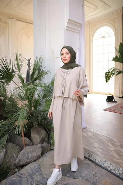 Bağcık Düğmeli Kıs aRahat Kesim Tunik - Cepli Etek Takımı - (38-46) - 71285 - Vizon ürün görseli