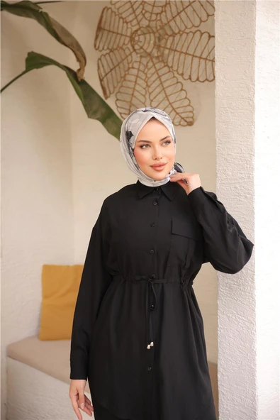 Belden Bağcıklı Tek Cepli Gömlek İkili Tesettür Eşofman Takımı - (38-46) - 71283 - Siyah - Resim 3