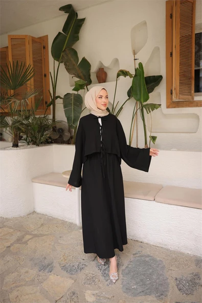 Bağcık Düğmeli Kıs aRahat Kesim Tunik - Cepli Etek Takımı - (38-46) - 71285 - Siyah - Resim 3