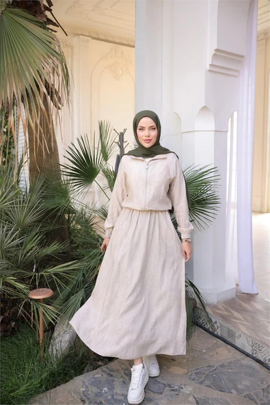 Fermuarlı Gömlek Yaka Kısa Rahat Kap - Cepli Etek Takımı - (38-46) - 71288 - Bej - Resim 2