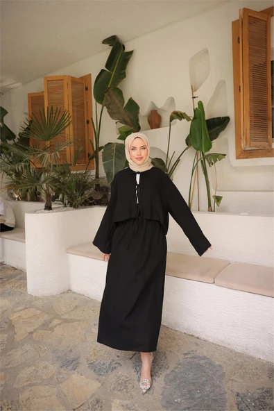 Bağcık Düğmeli Kıs aRahat Kesim Tunik - Cepli Etek Takımı - (38-46) - 71285 - Siyah ürün görseli