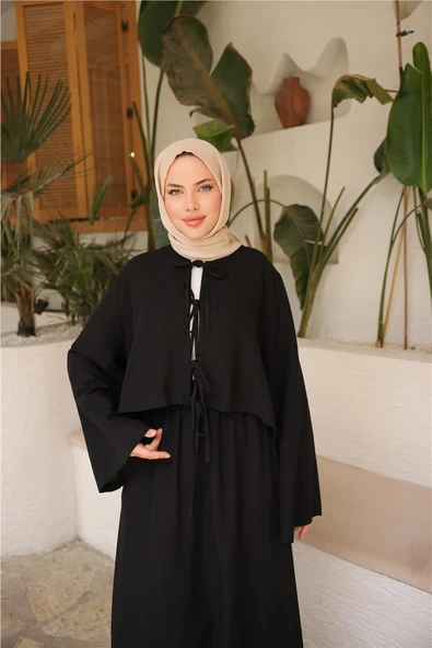 Bağcık Düğmeli Kıs aRahat Kesim Tunik - Cepli Etek Takımı - (38-46) - 71285 - Siyah - Resim 5