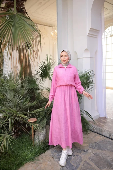 Fermuarlı Gömlek Yaka Kısa Rahat Kap - Cepli Etek Takımı - (38-46) - 71288 - Fuşya ürün görseli