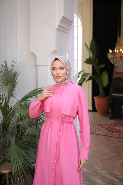 Belden Bağcıklı Kısa Yelek Detaylı Elbise  İkili Tesettür Eşofman Takımı - (38-46) - 71284 - Fuşya - 4