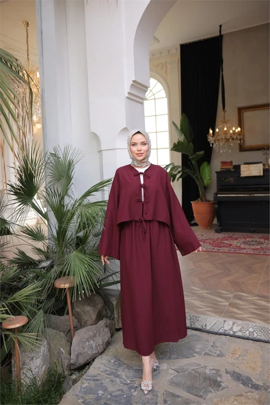 Bağcık Düğmeli Kıs aRahat Kesim Tunik - Cepli Etek Takımı - (38-46) - 71285 - Bordo ürün görseli