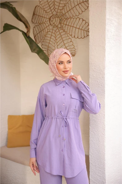 Belden Bağcıklı Tek Cepli Gömlek İkili Tesettür Eşofman Takımı - (38-46) - 71283 - Lila - Resim 4