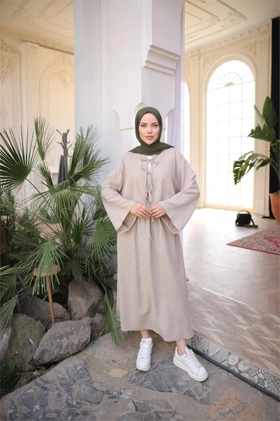 Bağcık Düğmeli Kıs aRahat Kesim Tunik - Cepli Etek Takımı - (38-46) - 71285 - Vizon - Resim 3