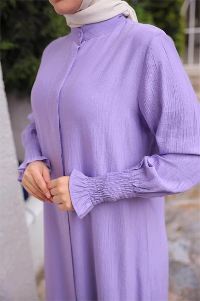 Düğmeli Yırtmaçlı Büzgü Kollu Uzun Tunik İkili Tesettür Eşofman Takımı - (38-46) - 71279 - Lila - Resim 3
