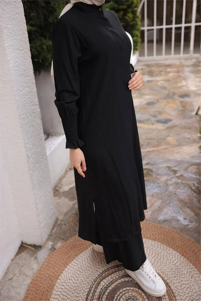 Düğmeli Yırtmaçlı Büzgü Kollu Uzun Tunik İkili Tesettür Eşofman Takımı - (38-46) - 71279 - Siyah - Resim 7