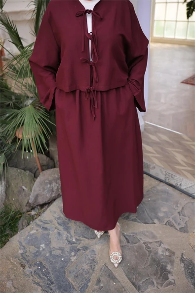 Bağcık Düğmeli Kıs aRahat Kesim Tunik - Cepli Etek Takımı - (38-46) - 71285 - Bordo - Resim 8