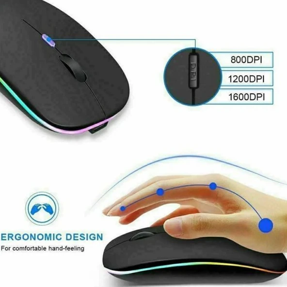 KABLOSUZ BLUETOOTH RGB LED'li SESSİZ MOUSE (FARE), ŞARJ EDİLEBİLİR, ERGONOMİK TASARIM - 4