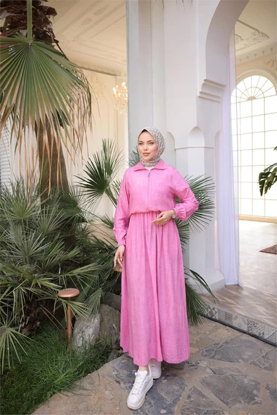 Fermuarlı Gömlek Yaka Kısa Rahat Kap - Cepli Etek Takımı - (38-46) - 71288 - Fuşya - Resim 3