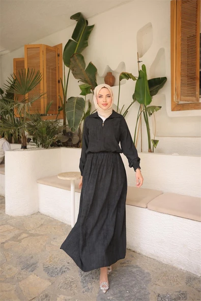 Fermuarlı Gömlek Yaka Kısa Rahat Kap - Cepli Etek Takımı - (38-46) - 71288 - Siyah ürün görseli