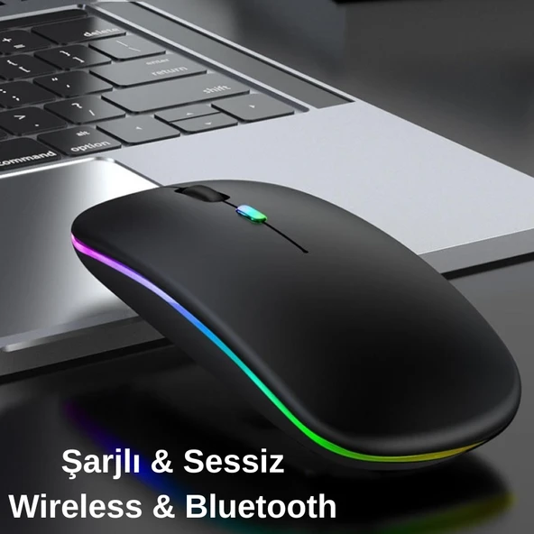 KABLOSUZ BLUETOOTH RGB LED'li SESSİZ MOUSE (FARE), ŞARJ EDİLEBİLİR, ERGONOMİK TASARIM - 5