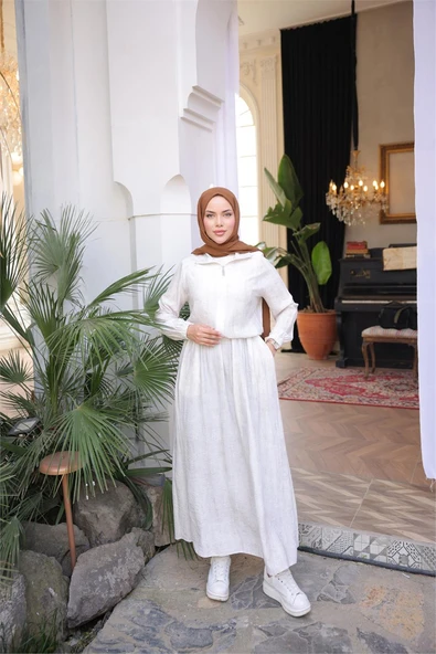 Fermuarlı Gömlek Yaka Kısa Rahat Kap - Cepli Etek Takımı - (38-46) - 71288 - Krem - Resim 3