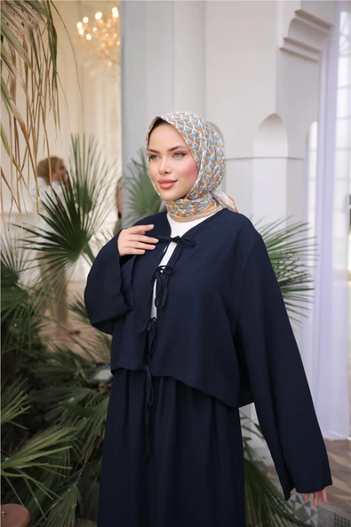 Bağcık Düğmeli Kıs aRahat Kesim Tunik - Cepli Etek Takımı - (38-46) - 71285 - Lacivert - Resim 4
