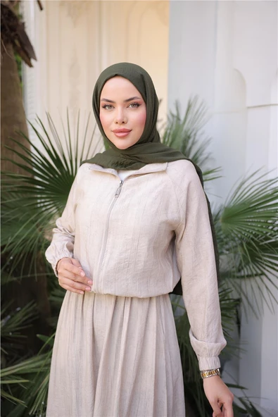 Fermuarlı Gömlek Yaka Kısa Rahat Kap - Cepli Etek Takımı - (38-46) - 71288 - Bej - Resim 5