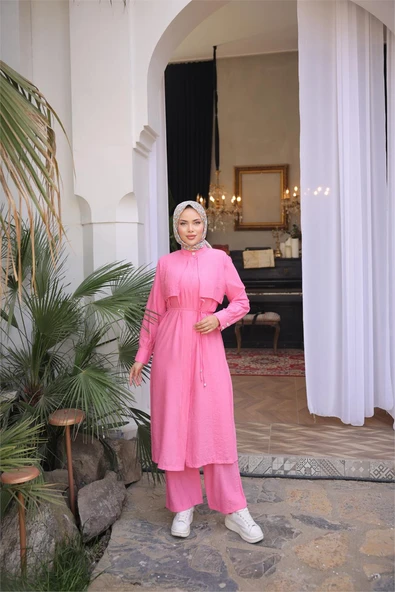 Belden Bağcıklı Kısa Yelek Detaylı Elbise  İkili Tesettür Eşofman Takımı - (38-46) - 71284 - Fuşya - 3