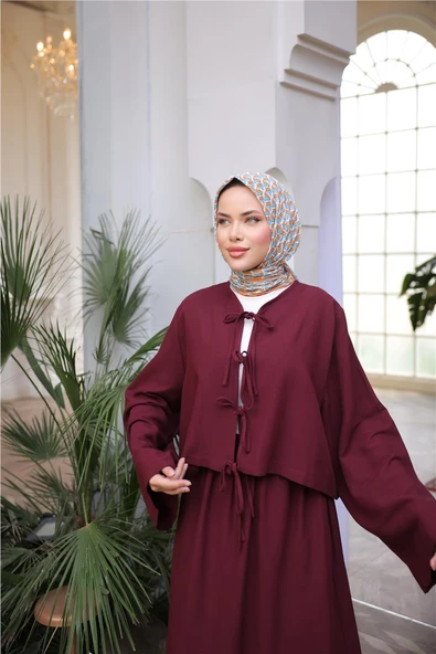 Bağcık Düğmeli Kıs aRahat Kesim Tunik - Cepli Etek Takımı - (38-46) - 71285 - Bordo - Resim 4