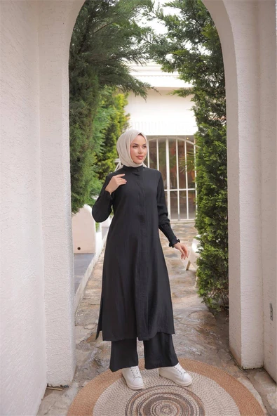Düğmeli Yırtmaçlı Büzgü Kollu Uzun Tunik İkili Tesettür Eşofman Takımı - (38-46) - 71279 - Siyah - Resim 2