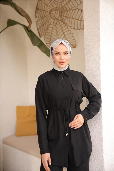 Belden Bağcıklı Tek Cepli Gömlek İkili Tesettür Eşofman Takımı - (38-46) - 71283 - Siyah - Resim 2